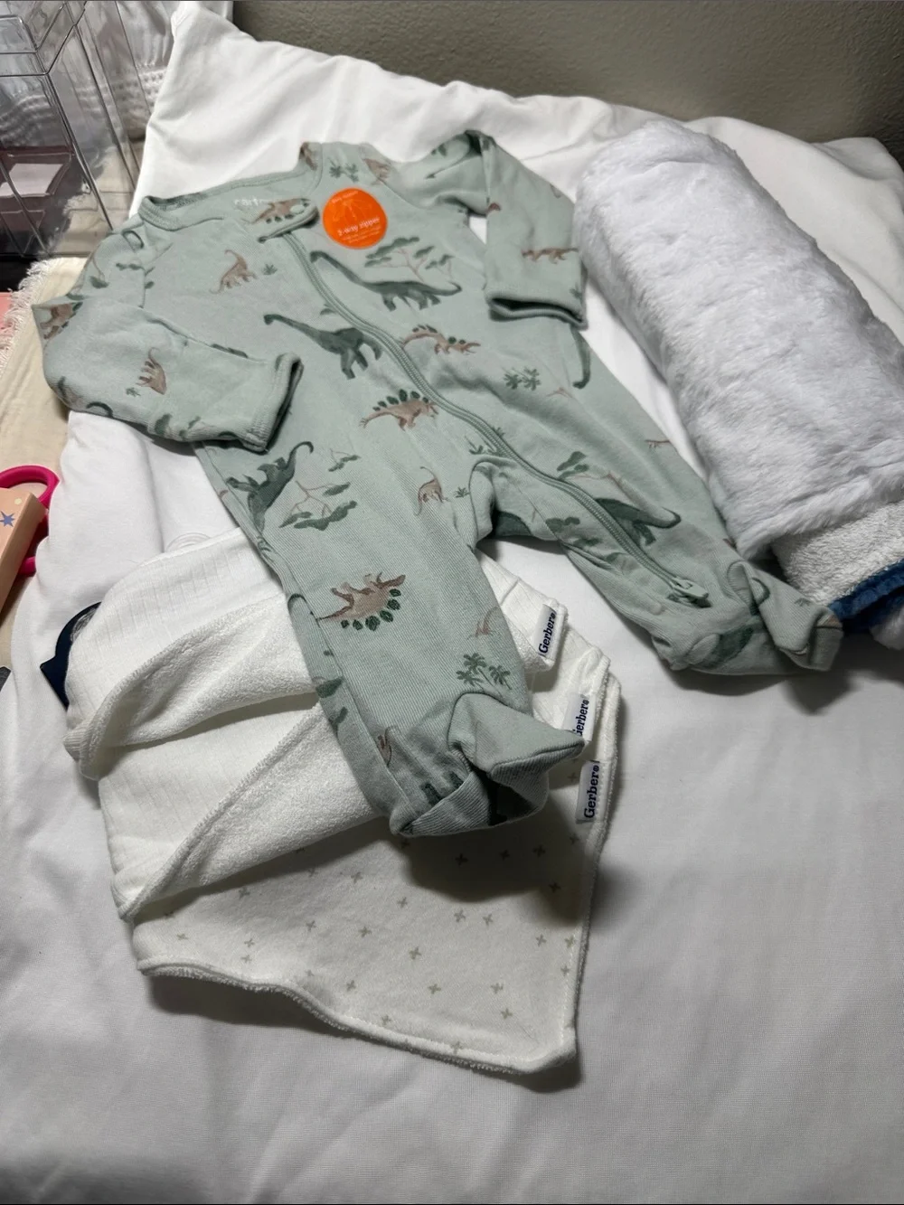 Carters Sage Green Dinosaur Sleeper with 3 bibs & 2 swankie Blankie Burb cloths